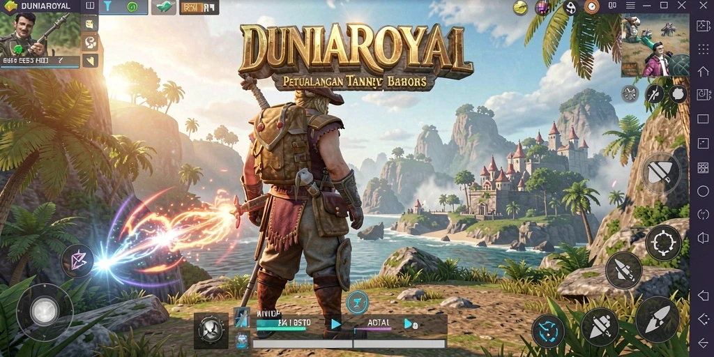 Screenshot gameplay DUNIAROYAL menampilkan eksplorasi dunia terbuka yang luas.