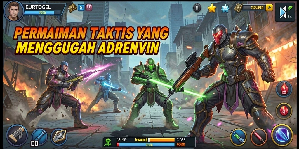 Screenshot utama menunjukkan aksi intens di <strong>EUROTOGEL</strong> dengan gameplay taktis.