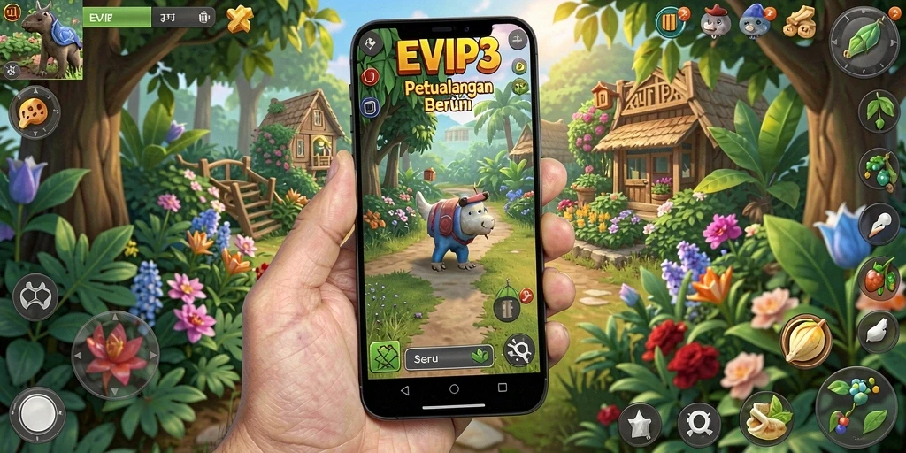 Tampilan gameplay EVIP3 yang menampilkan ladang hijau subur dan aktivitas berkebun.