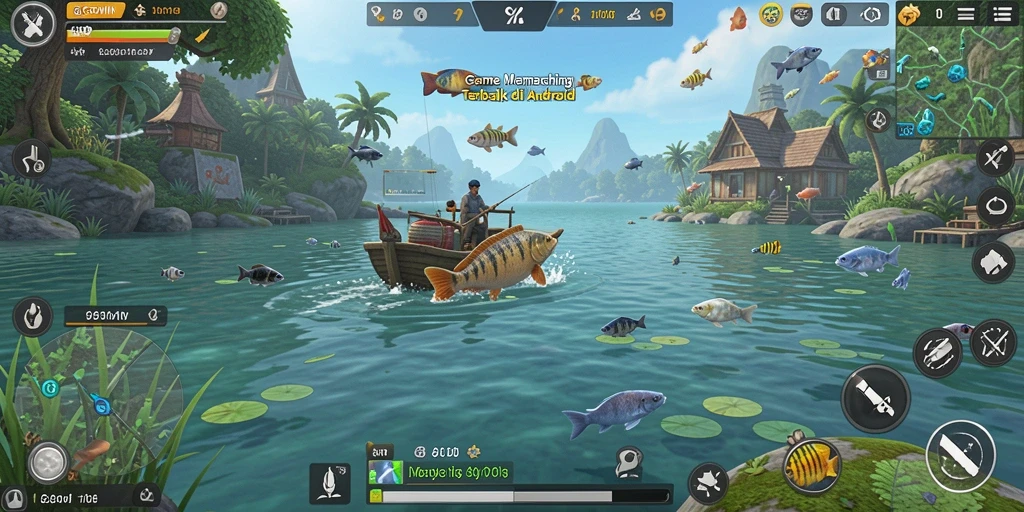 Tampilan gameplay GOWIN saat menangkap ikan di danau.