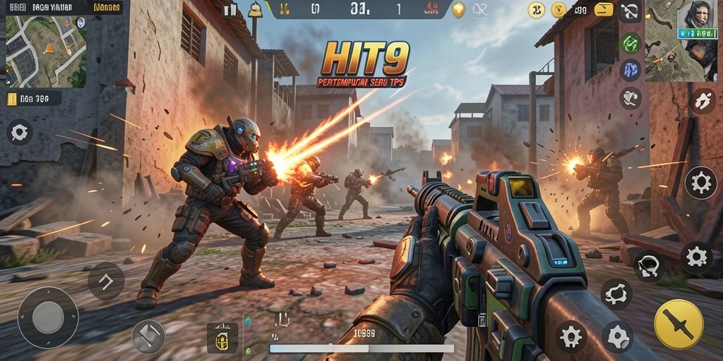Screenshot gameplay HIT9 menampilkan aksi pertempuran yang intens.
