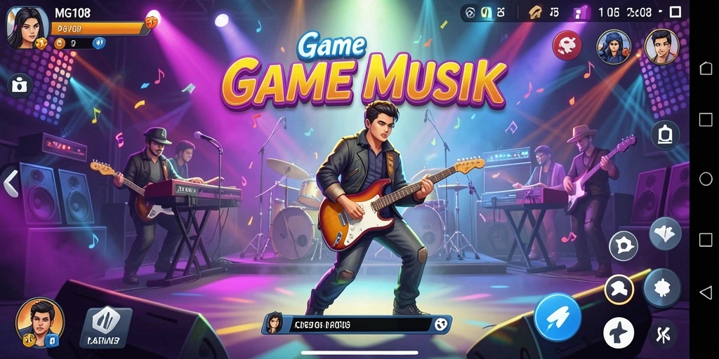 Tampilan gameplay MG108 yang dinamis dengan berbagai musik.