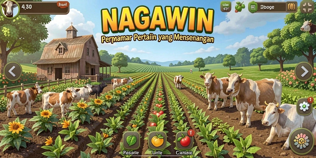 Screenshot gameplay NAGAWIN dengan tanaman subur dan alat pertanian.